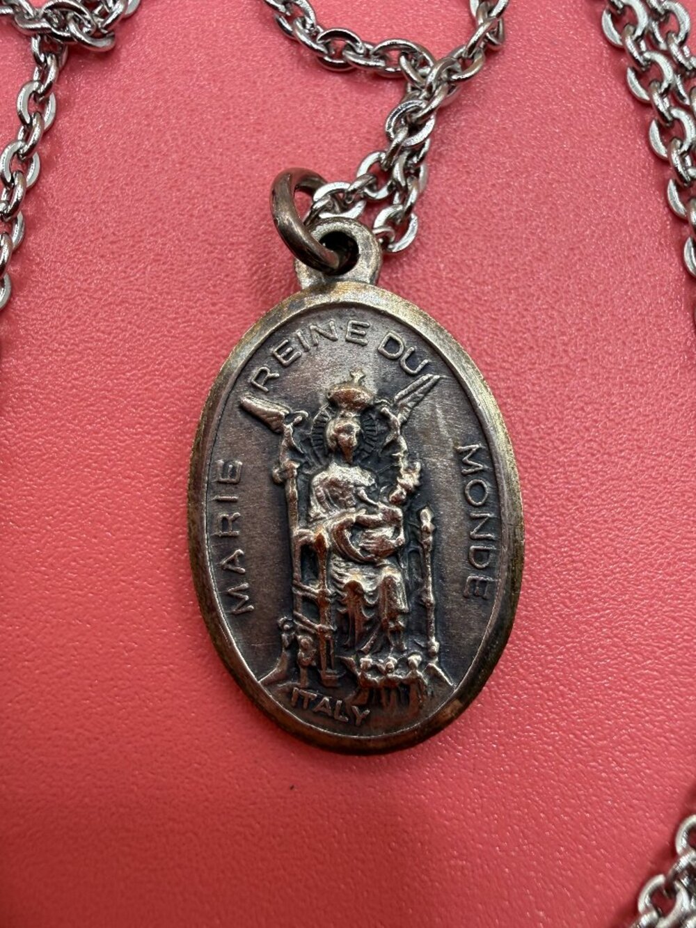 Vintage French Mary Queen of the World Catholic Medal Necklace Silver